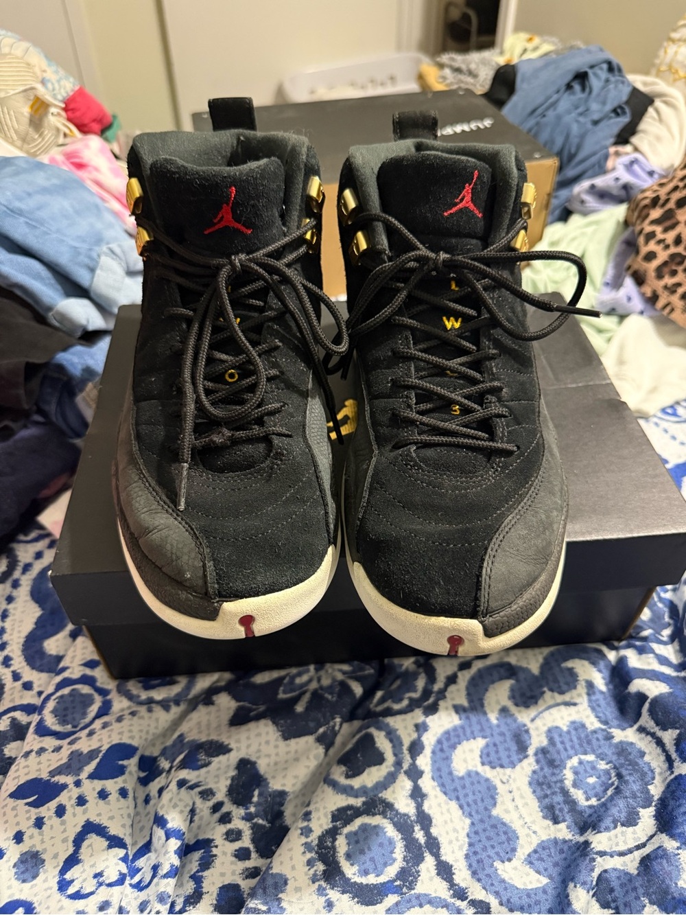 Jordan Men’s Black Suede Sneakers with Red and Gold Accents